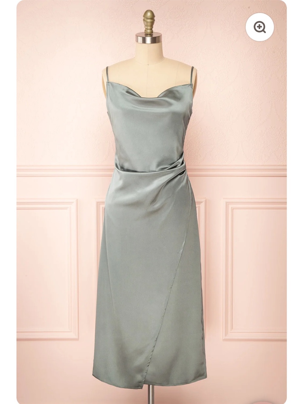 Sage green satin slip with cowl neck and gathered waist